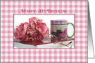 70TH BIRTHDAY, Pink Gingham with Bouquet of Flowers and Mug card