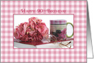 90TH BIRTHDAY, Pink Gingham and Bouquet of Flowers and Coffee Mug card