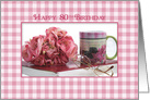 80TH BIRTHDAY, Pink Gingham with Bouquet of Flowers and Coffee Mug card