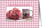 Birthday, Secret Pal, Pink Gingham, Flowers and Coffee Mug, Glasses card