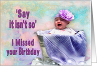 Belated Birthday, Baby Crying in Tub with Large Purple Hair Accessory card