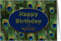 Birthday, SISTER, Blue and Green Peacock Feathers with text in Oval card