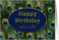 Birthday, Secret pal, Blue Green Peacock Feathers with Text in Oval card