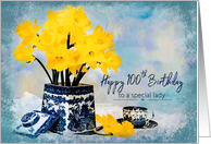 100th Birthday, Lady, Daffodils in Vintage Vase, Blue and White Cup card