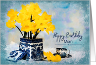 Birthday, Mother, Daffodils in Vintage Vase by Cup, Blue & White card