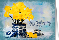 Mother’s Day, Mother, Daffodils in Vintage Vase by cup, Blue and White card