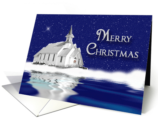 MERRY CHRISTMAS, COUNTRY CHURCH, SNOW SCENE on BLUE card (1144728)
