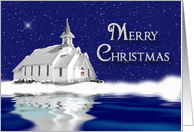 MERRY CHRISTMAS, COUNTRY CHURCH, SNOW SCENE on BLUE card