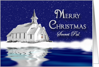 MERRY CHRISTMAS, SECRET PAL, COUNTRY CHURCH in SNOW Scene card