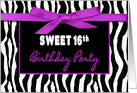 Sweet 16th Birthday Party Invitation, Zebra Pattern with Fuchsia Bow card