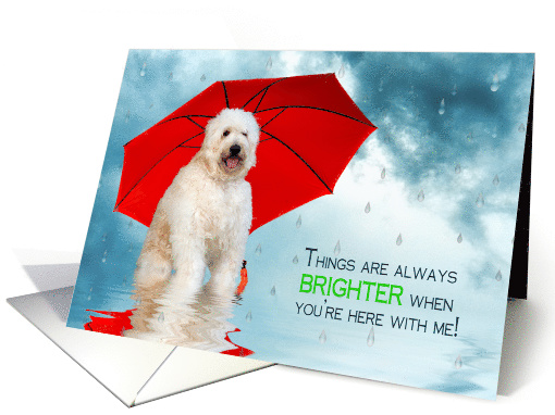 Miss You, Golden Doodle Dog Under Red Umbrella While Raining card