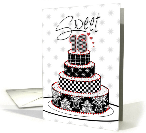 Sweet Sixteen - Birthday Party Invitation - Black/White/Red Cake card