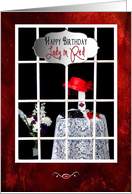 Birthday, Lady In Red, Red Hat on Display in Store Front Window card