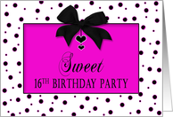 Sweet 16th Birthday Party Invitation, Black Polka Dots & Fuchsia, Bow card