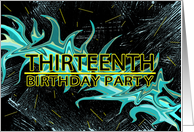 13th BIRTHDAY PARTY INVITATION - BLACK/TEAL/YELLOW ABSTRACT card