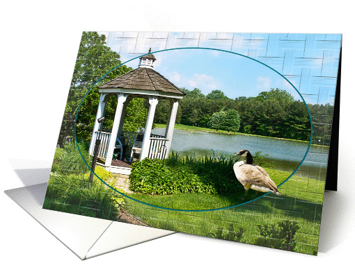 GAZEBO SCENE WITH GOOSE BY LAKE - Blank Card - card (1288680)