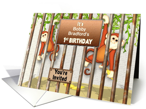 First Birthday Party Invitation, Monkeys Playing in Zoo... (1289470)