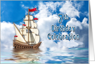 7th Birthday Party Invitation, Ship with Sails on Water card