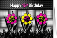 Birthday, 13th, Bright and Colorful Abstract Daisies on Black White card