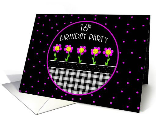 16th Birthday Party Invitation, Pink Flowers and Polka Dots card
