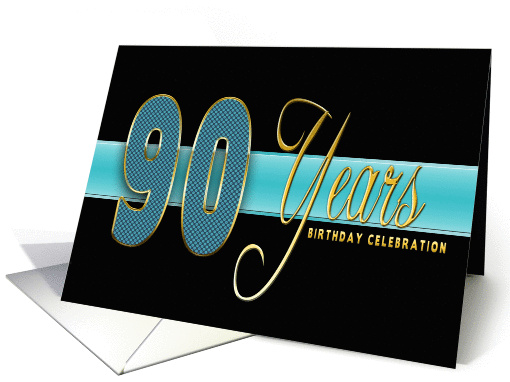 90th Birthday Party Invitation - Gold/Black/Aqua Blue card (1329178)