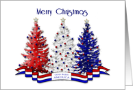 Christmas, Patriotic, Three Decorated Trees in re, White and Blue, USA card