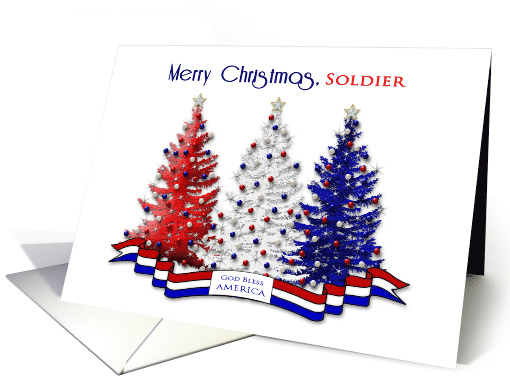 Christmas, Patriotic, Soldier, Decorated Trees, Red, White,Blue card