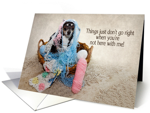 Miss You, Black Terrier Dog, Tangled in Yarn - Humor card (1386136)