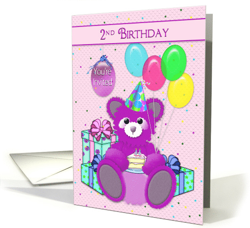 2nd Birthday Invitation, Purple Bear Partying, Balloons,... (1386718)