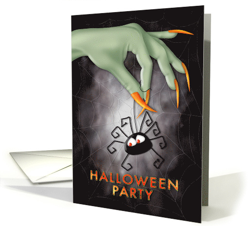 Halloween Party Invitation, Witch's Green Hand Holding Spider card