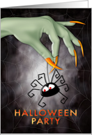 Halloween Party Invitation, Witch’s Green Hand Holding Spider card