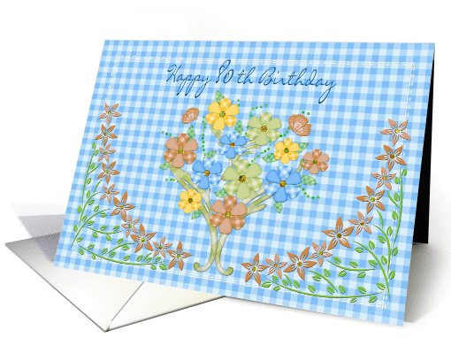 Birthday - 80th - Blue Gingham/Flowers card (1391674)