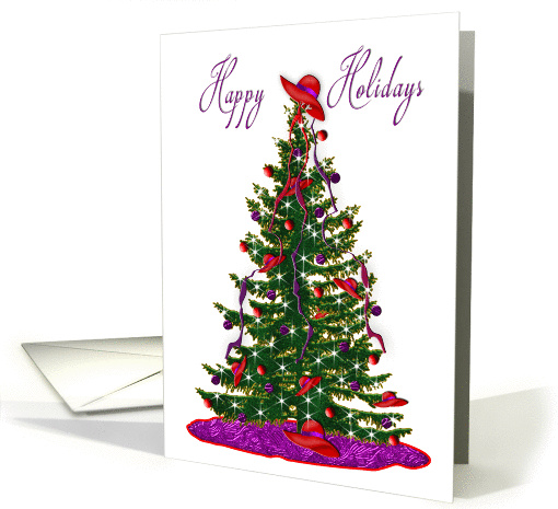 Christmas - Happy Holidays - red hat decorations on tree card