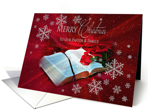 Christmas - Pastor & Family - Bible - Snowflakes on Red Silk card