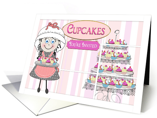 Bake Sale Invitatio, Baker Melody Serving Cupcakes, Store Front card