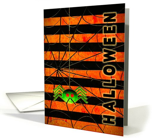Halloween Party Invitation - Green Spider and Web - Orange/Black card