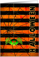 Halloween Party Invitation - Green Spider and Web - Orange/Black card