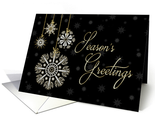 Season's Greetings - White and gold hanging snowflake decorations card