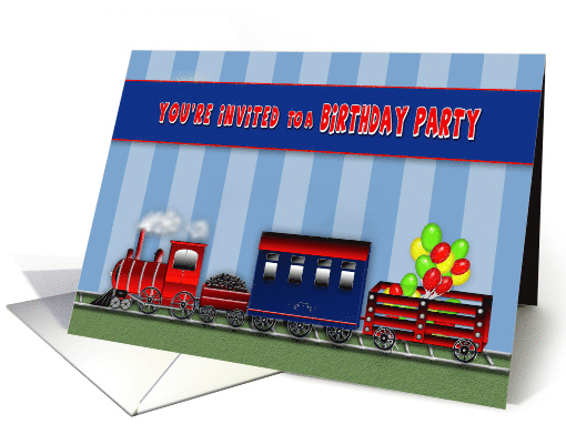 Birthday Party, Kid's Invitation, Train Hauling Car of Balloons card