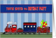 Birthday Party, Kid’s Invitation, Train Hauling Car of Balloons card