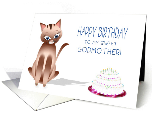 Happy Birthday Godmother - Kitty Cat - Birthday Cake with candles card