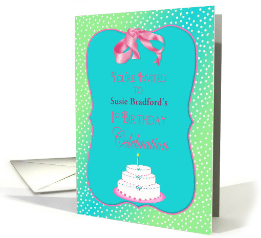 1st Birthay Party Invitation - Cake with 1 candle - Name Insert card