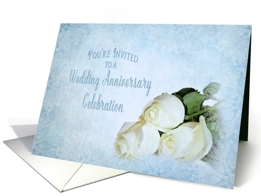Anniversary Invitation - White Roses - Blue Texture/lace card