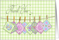 Thank You, Blank, Quilt Squares Hanging on Clothesline, Green Gingham card