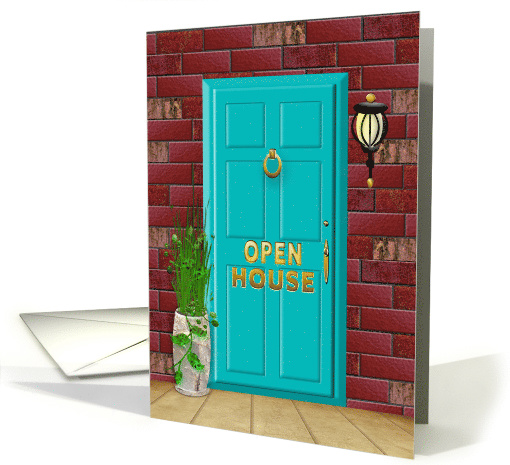 OPEN HOUSE - Invitation - Brick Wall and Aqua Blue Doors card