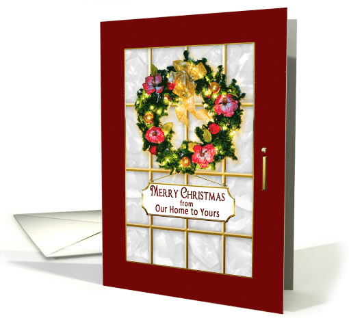 Christmas - From our home to yours, Red glass door and wreath card