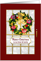 Christmas - Sister & Family Red Entry Door- lighted wreath and sign card