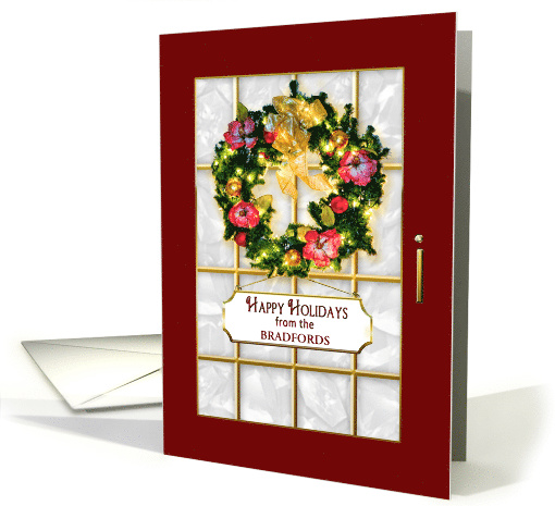 Happy Holidays - Enter Your Name, Red Entry Door, wreath and sign card