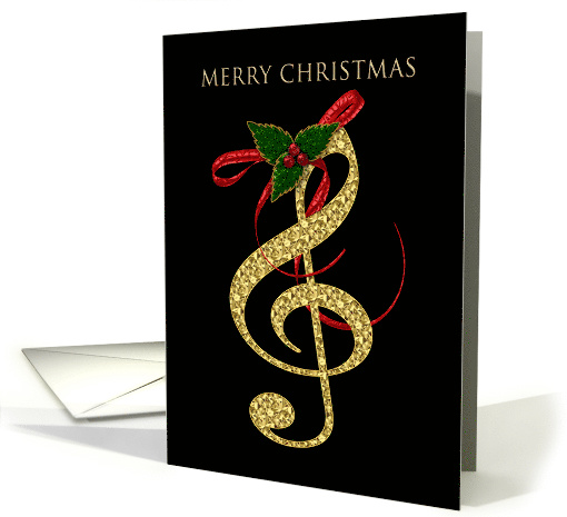 Christmas, Musical, Gold G Clef on Black, Holly Leaves/Berries card