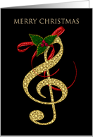 Christmas, Musical, Gold G Clef on Black, Holly Leaves/Berries card
